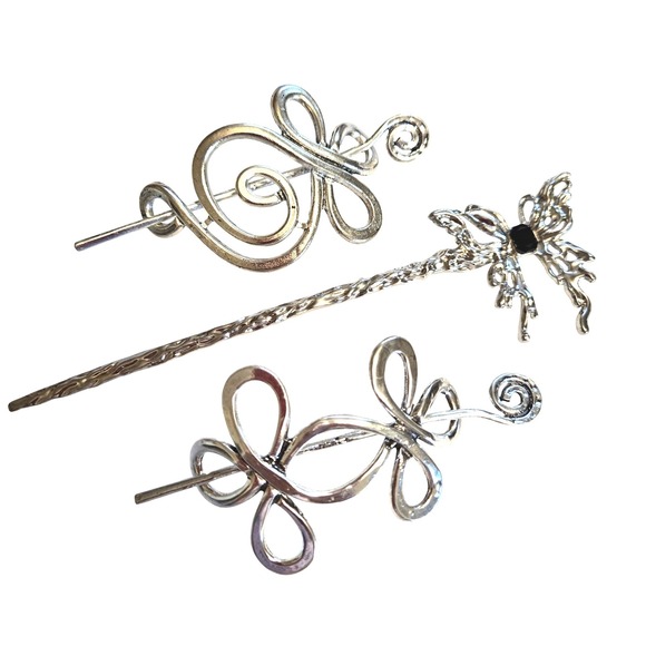 Accessories - Silver Tone Hair Stick & Pins Butterfly Swirl Boho Whimsigoth Hair Accessories